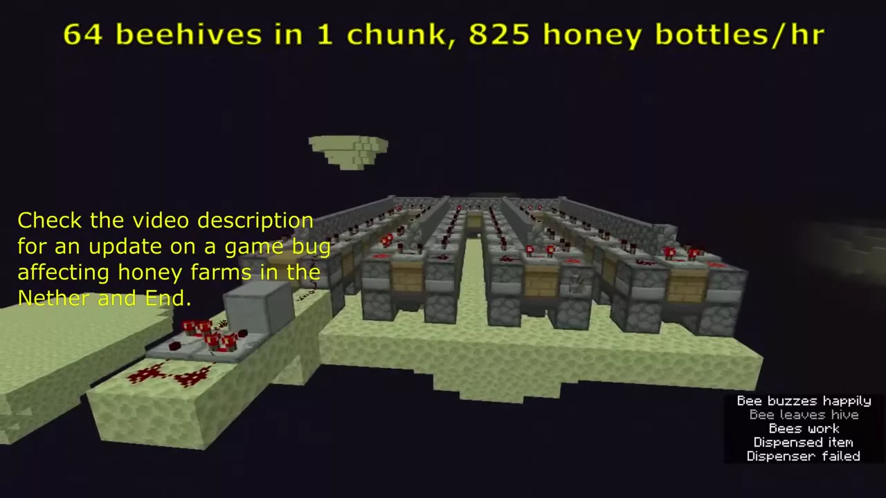 어두운 배경에 64개 벌집 팜과 "64 beehives in 1 chunk, 825 honey bottles/hr" 문구, 네더&middot;엔드 버그 안내 문구가 함께 표시된 화면