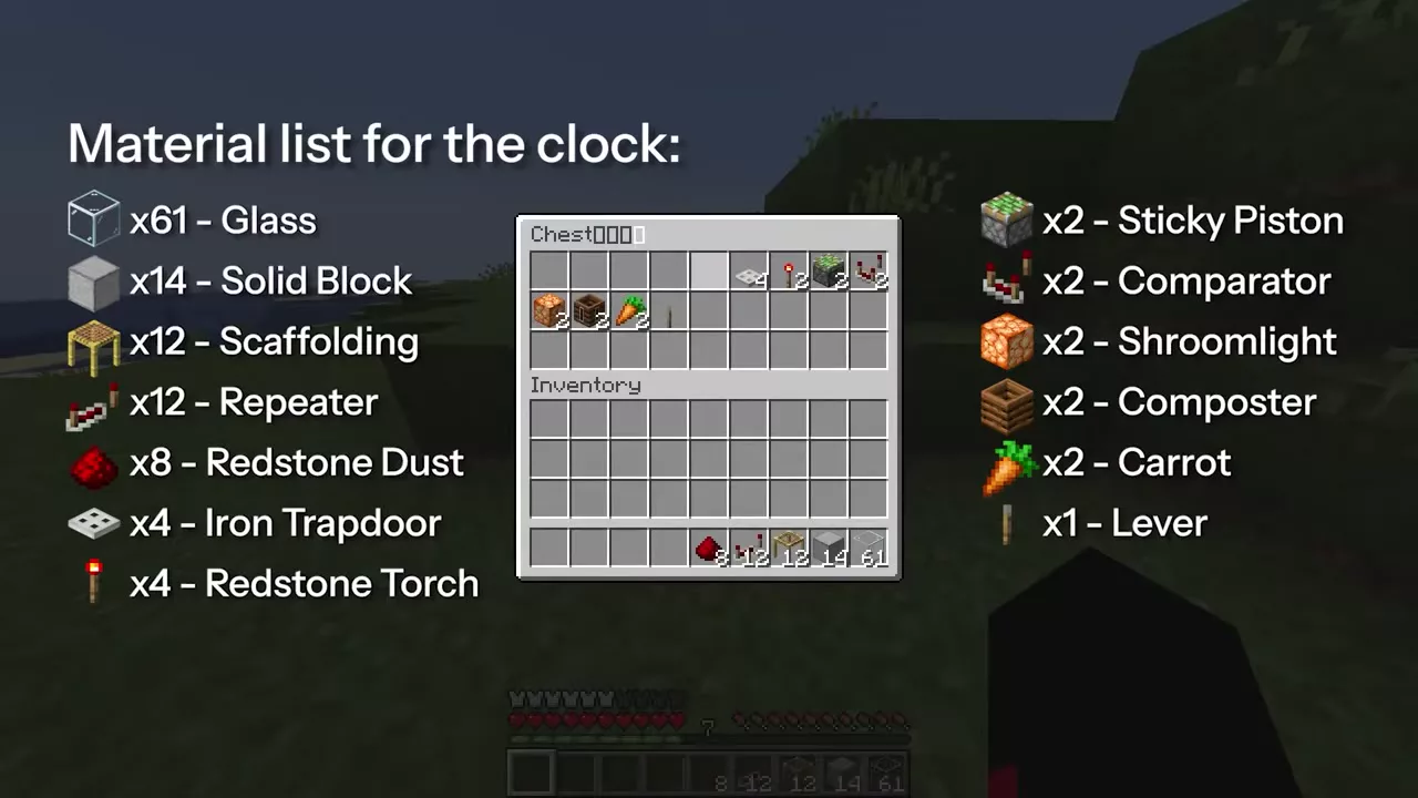 화면에 뜬 재료 목록 &mdash; "Material list for the clock" 항목과 상자 인벤토리 미리보기