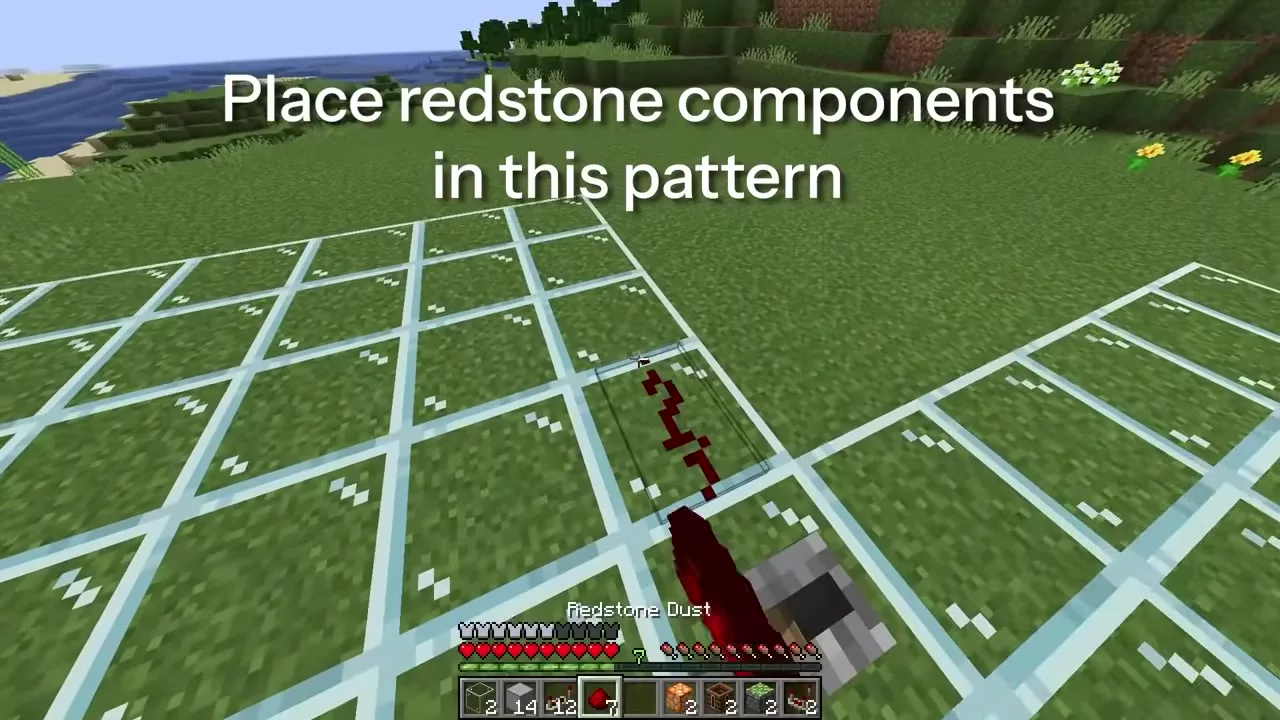 유리 바닥 위에 레드스톤 가루가 깔린 모습 &mdash; "Place redstone components in this pattern" 자막