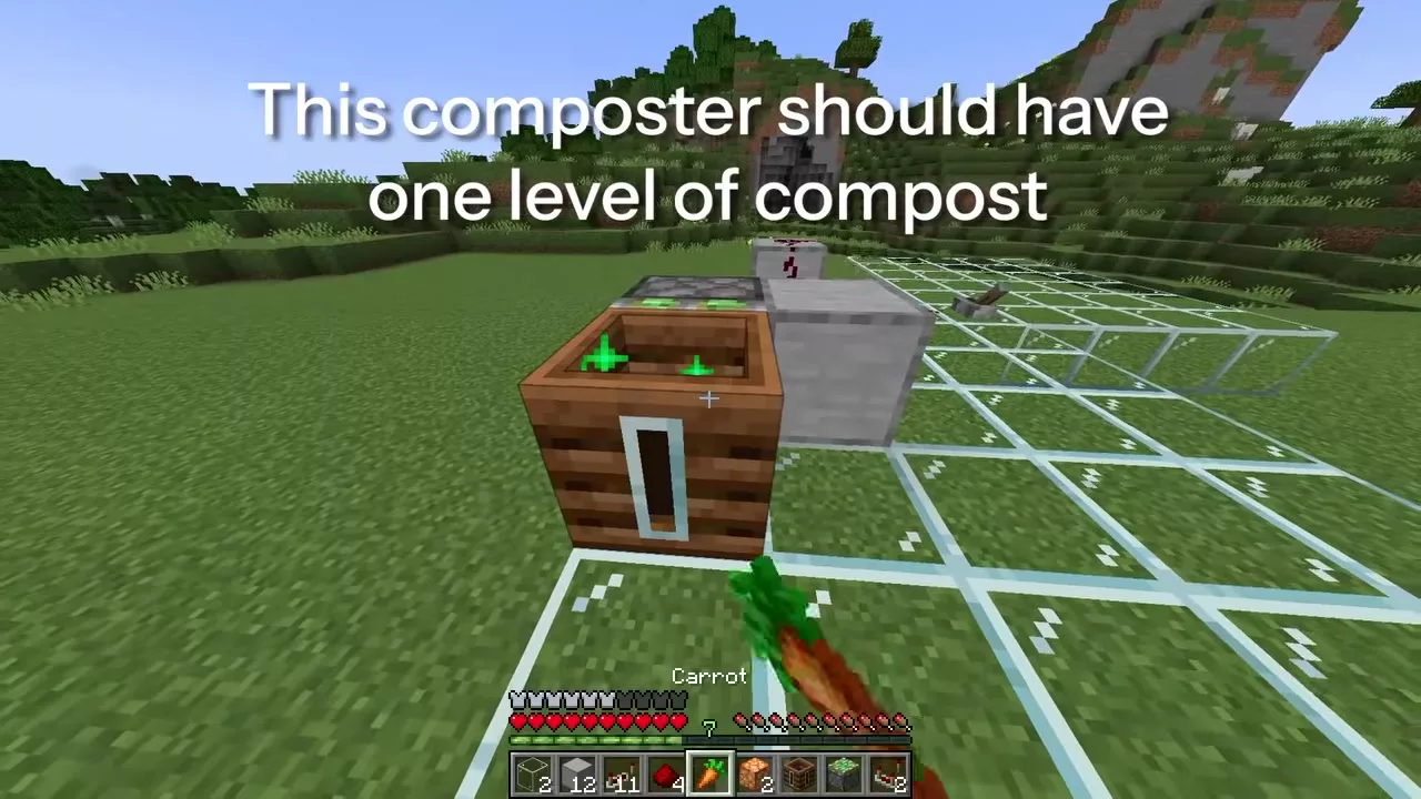 당근을 던져 넣어 퇴비 1레벨을 맞춘 컴포스터 &mdash; "This composter should have one level of compost" 자막