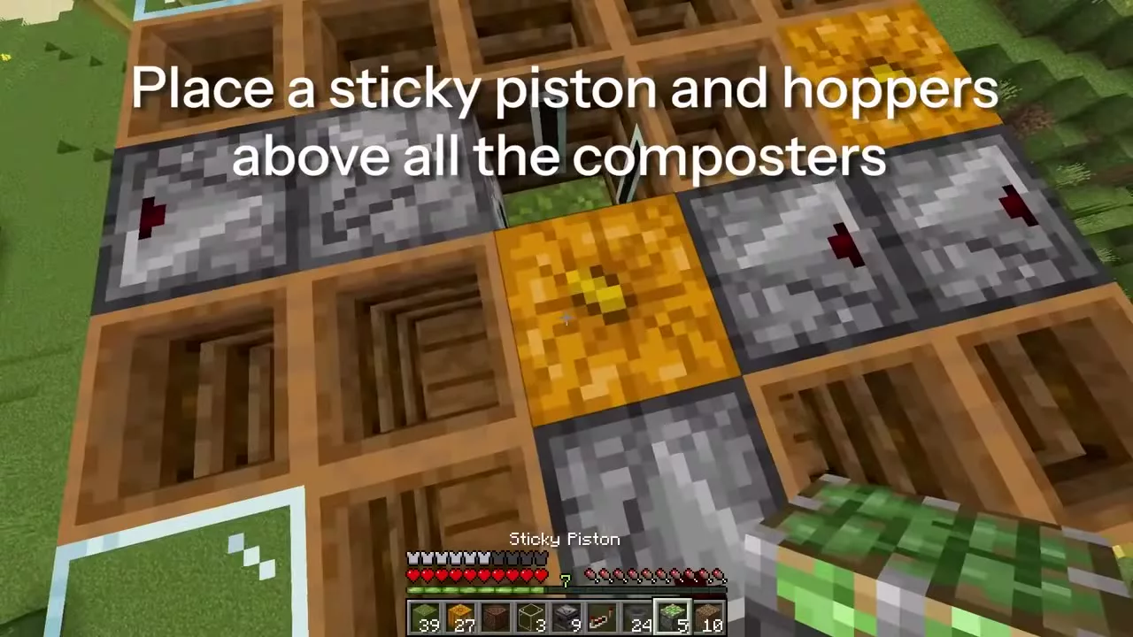 컴포스터 위에 끈끈이 피스톤과 호퍼를 배치하는 장면 &mdash; "Place a sticky piston and hoppers above all the composters" 자막