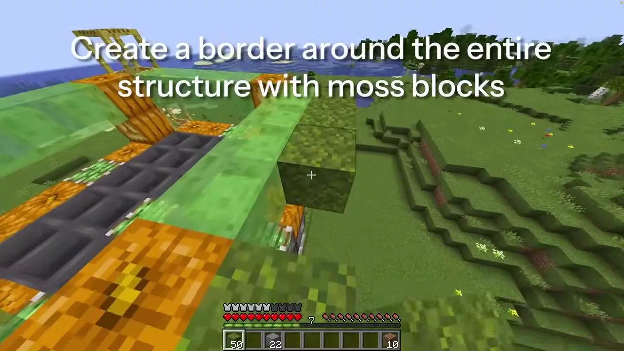 구조물 가장자리를 모스 블록으로 감싸는 장면 &mdash; "Create a border around the entire structure with moss blocks" 자막