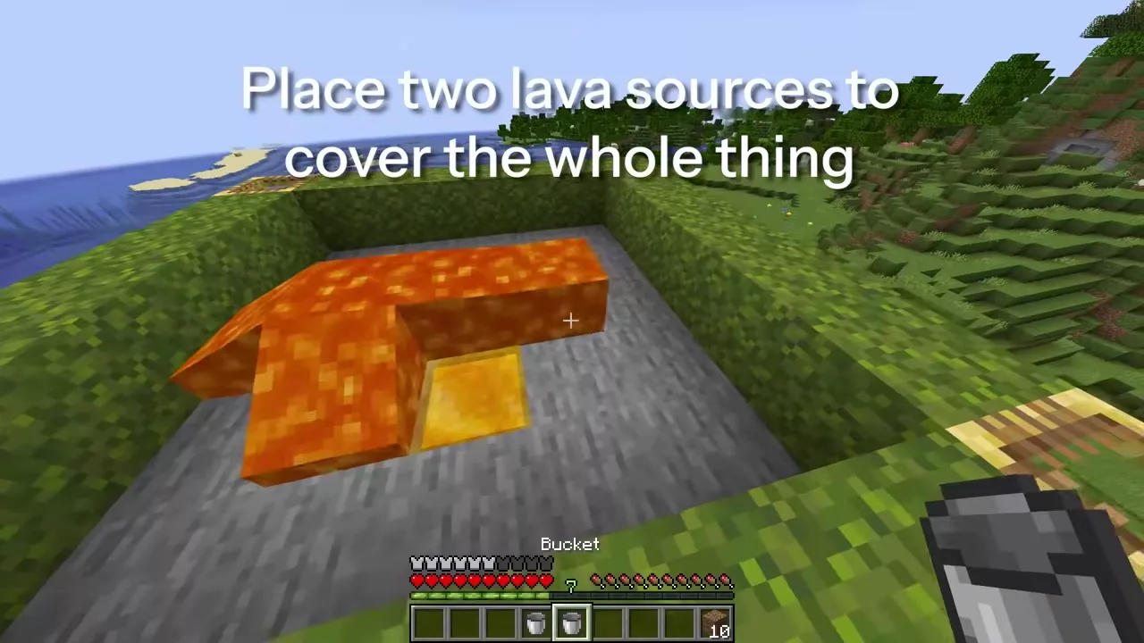 천장을 용암으로 덮는 장면 &mdash; "Place two lava sources to cover the whole thing" 자막