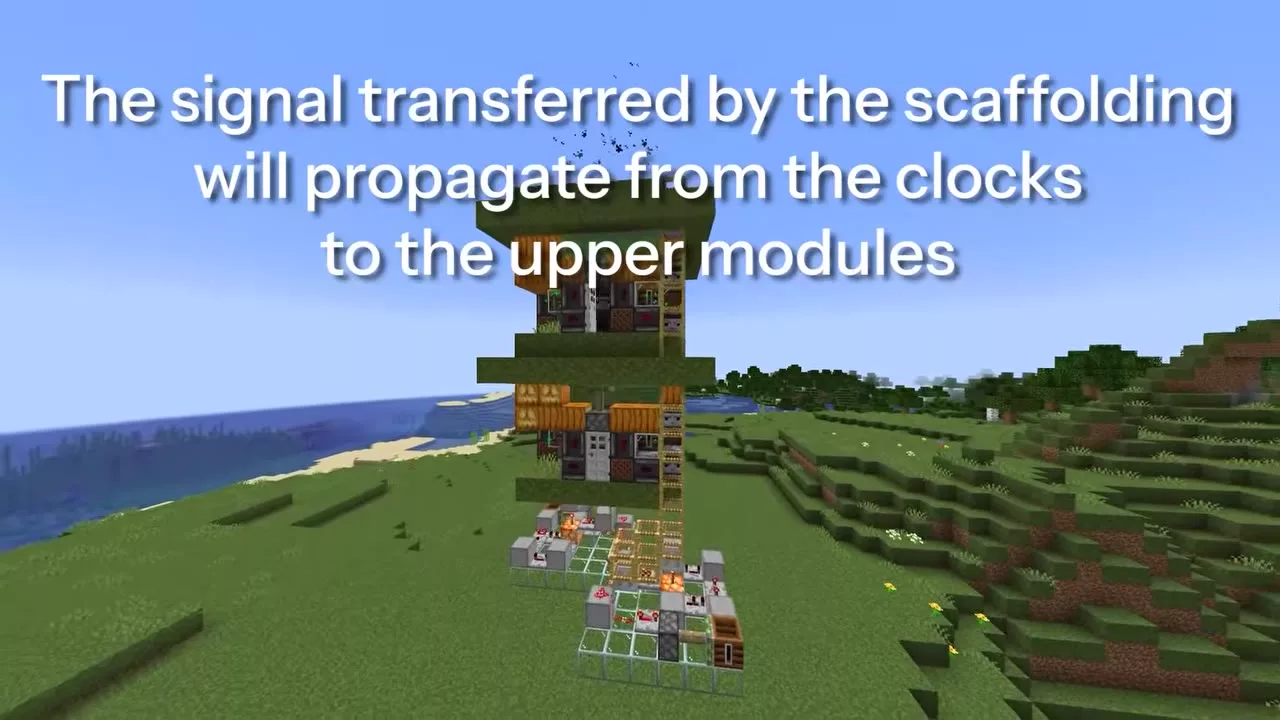 완성된 모듈 위에 다음 모듈을 쌓아 올리는 장면 &mdash; "The signal transferred by the scaffolding will propagate from the clocks to the upper modules" 자막