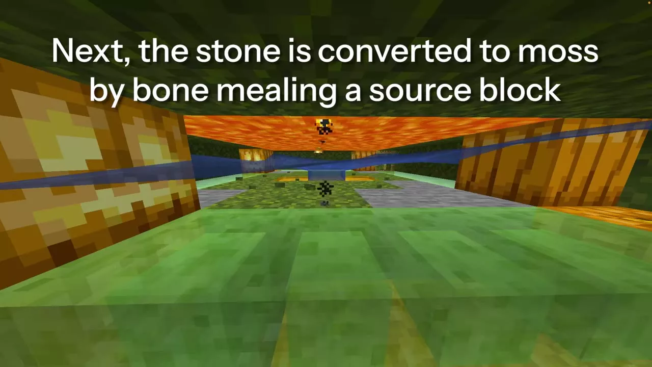 돌이 생성되는 자리 위로 팔이 지나가는 장면 &mdash; "Before the stone is generated, the slime and honey arms extend, which do not stick to moss" 자막