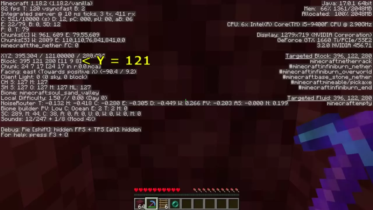 F3 디버그 화면 &mdash; XYZ 395.304/121.00000/280, 바이옴 minecraft:soul_sand_valley, Y=121 표시가 노란 글자로 강조돼 있다