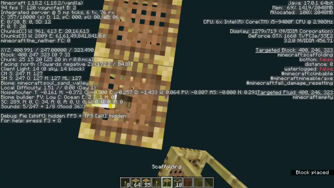 F3 디버그 화면 &mdash; XYZ 400.991/247.00000/323, 바이옴 soul_sand_valley, Scaffolding 배치 알림
