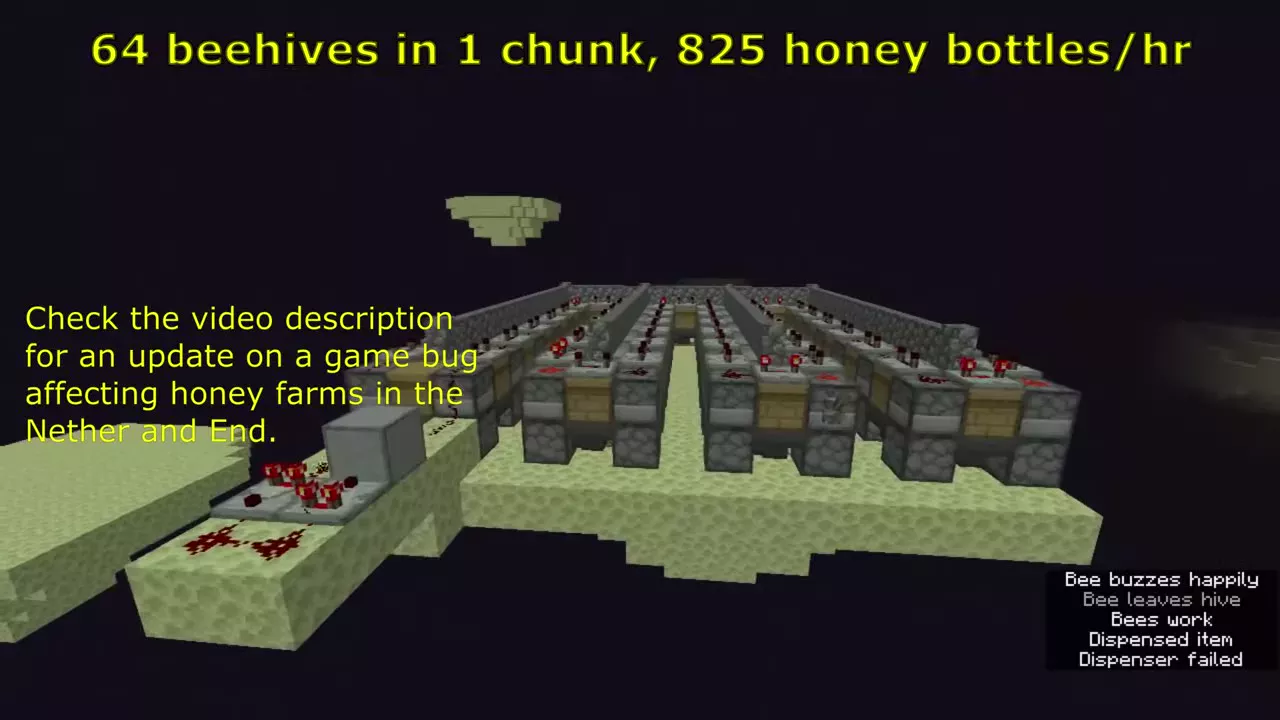어두운 배경에 64개 벌집 팜과 "64 beehives in 1 chunk, 825 honey bottles/hr" 문구, 네더&middot;엔드 버그 안내 문구가 함께 표시된 화면
