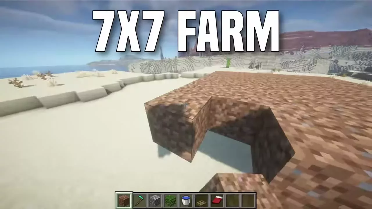 7X7 FARM 자막과 함께 사막 위에 흙을 깔고 물 웅덩이 자리를 파는 장면