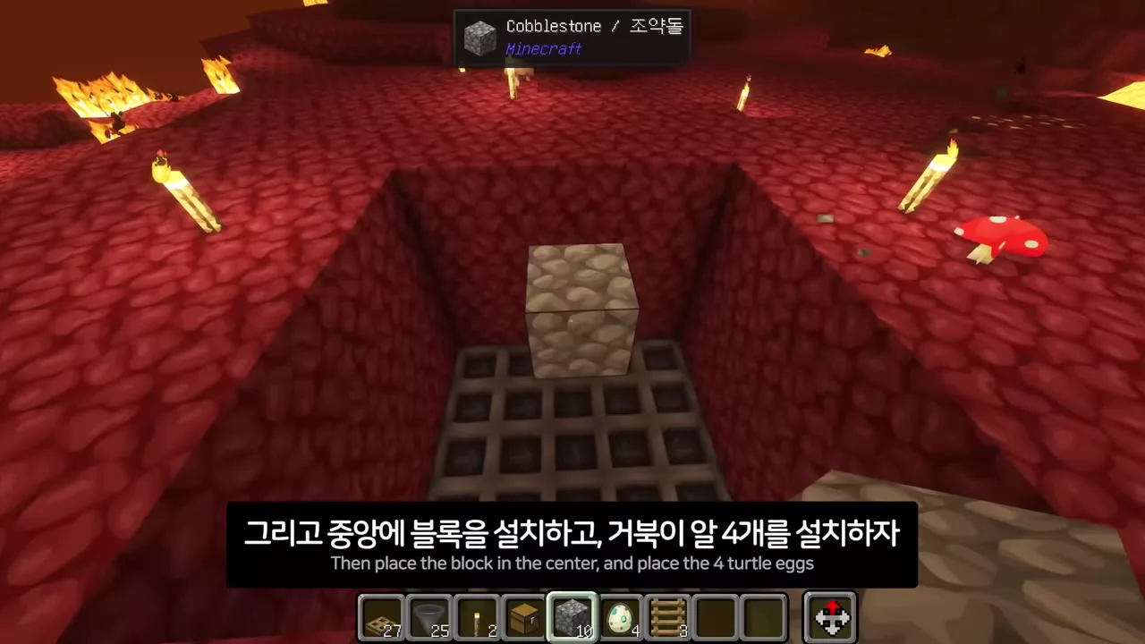 호퍼 바닥 중앙에 거북이 알을 올릴 블록을 세우는 장면
